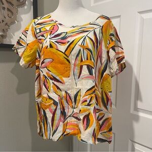 Tahari Linen Top Orange Floral Print Short Sleeve Lightweight Blouse Size 1X